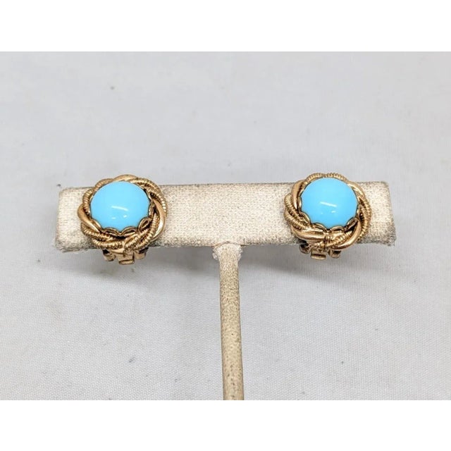 Napier Vintage 1950s Signed Napier Goldtone Cabochon Faux-Turquoise Clip Earrings-2 Pieces For Sale - Image 4 of 7