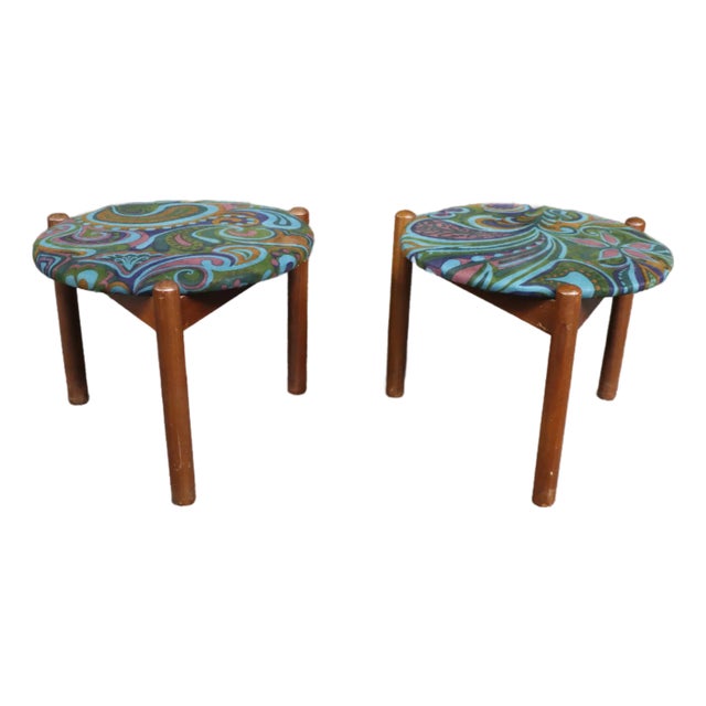 Jack Larsen Style Tripod & Paisley Footstool/Pair For Sale