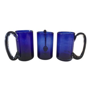 1970s Hand Blown Mexican Cobalt Mugs - Set of 3 For Sale