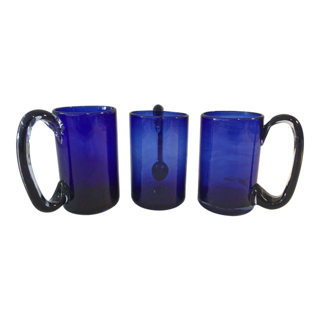 1970s Hand Blown Mexican Cobalt Mugs - Set of 3 For Sale