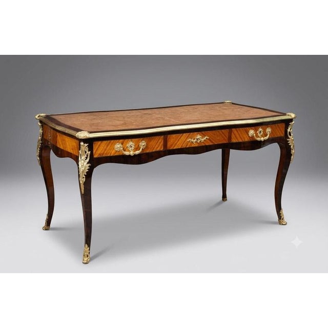 Metal Antique French Napoleon III Style Bureau Plat Desk in Exotic Wood with Gilded Bronze Inlays, France, 19th Century For Sale - Image 7 of 7