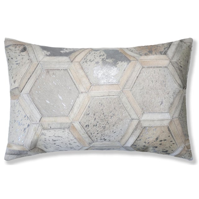 Contemporary Luxury Ivory & Silver Cowhide Leather Throw Pillow 16x24 | Handmade Geometric Designer Lumbar Cushion For Sale - Image 3 of 5