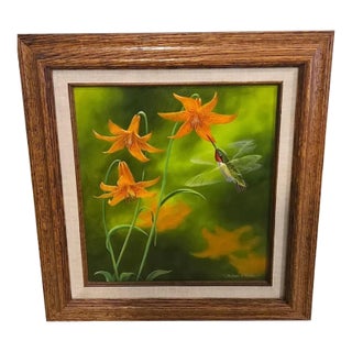 Michael A. Kalfke, Original Hyper Realism Oil Painting Hummingbird W Lillies '88 For Sale