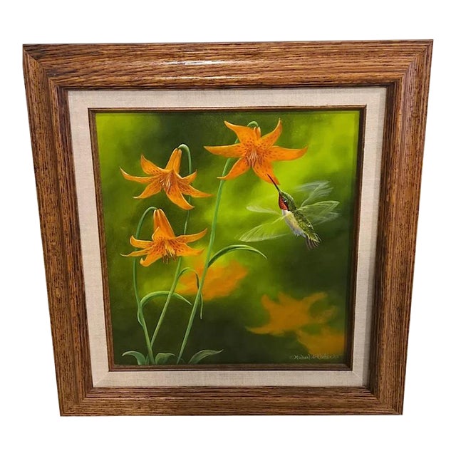 Michael A. Kalfke, Original Hyper Realism Oil Painting Hummingbird W Lillies '88 For Sale