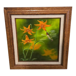 Michael A. Kalfke, Original Hyper Realism Oil Painting Hummingbird W Lillies '88