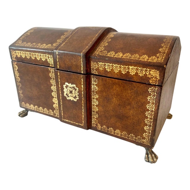 Mid 20th Century Hand Crafted Leather and Gold Tooled Hinged Box with Brass Lion Paw Feet For Sale