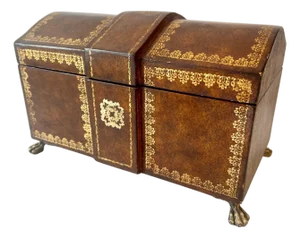 Mid 20th Century Hand Crafted Leather and Gold Tooled Hinged Box with Brass Lion Paw Feet