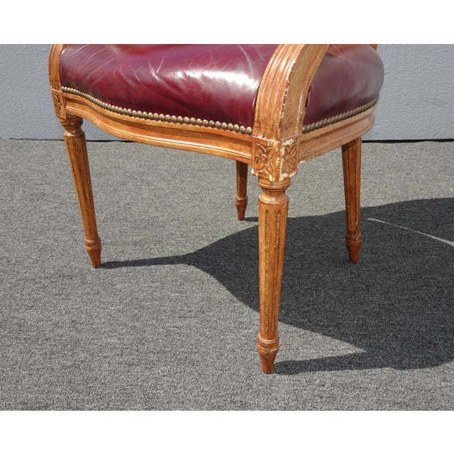 Wood Vintage French Provincial Burgundy Leather Accent Chair With Decorative Nails For Sale - Image 7 of 13