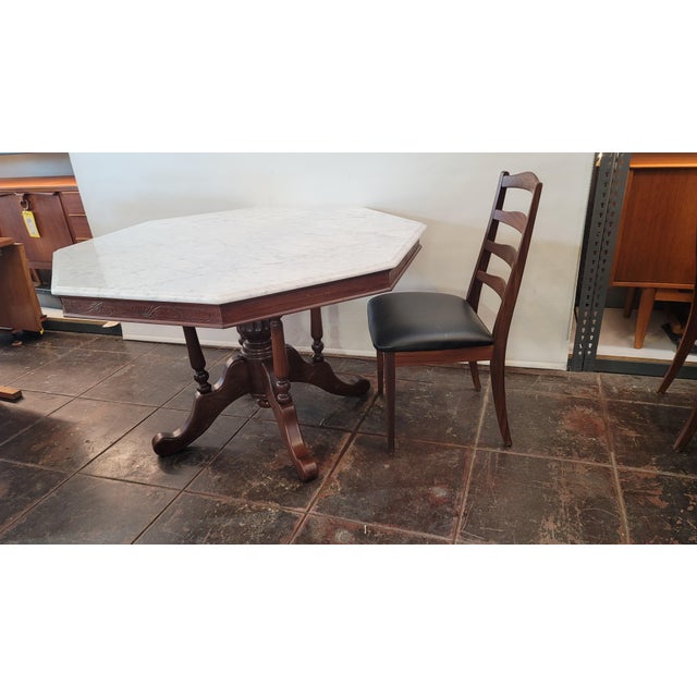 Late 20th Century Victorian Style Marble Top Dining Table Octangle White Carrara Marble With Brown Mahgany Base For Sale - Image 5 of 7