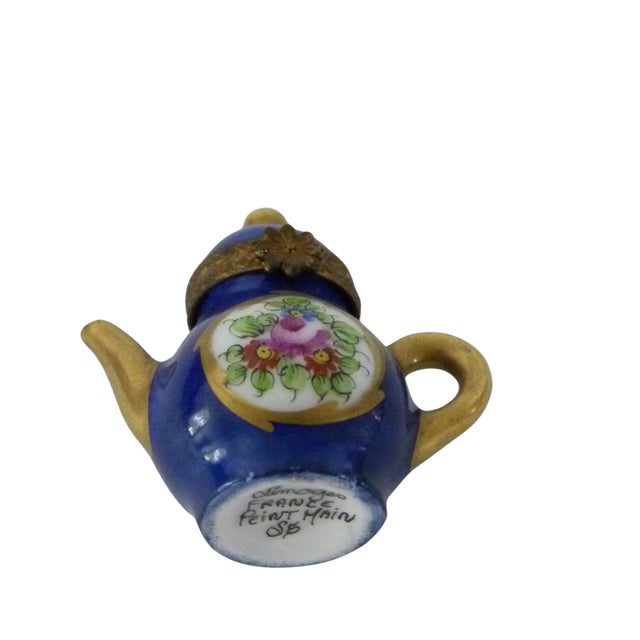 Limoges France Miniature Teapot Trinket Box | Peint Main | Cobalt Blue & Gold Porcelain | Signed For Sale - Image 9 of 10
