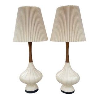1990s Mid-Century Modern Elongated Fortune Lamp Co. Teardrop Table Lamp in Walnut & Porcelain - A Pair For Sale
