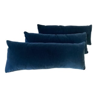 Set of 3 Navy Blue Velvet Rectangular Lumbar Pillows With Down Inserts For Sale