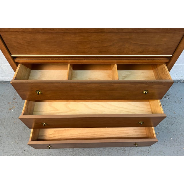 Mainline by Hooker Mid-Century Walnut and Brass Five Drawer Highboy Dresser, Attributed For Sale - Image 11 of 15
