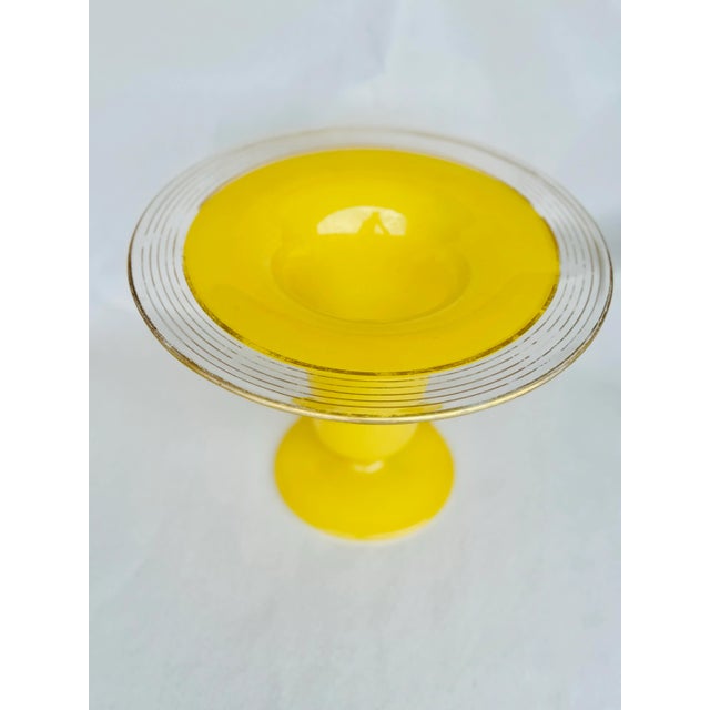 Mid-Century Modern Vintage Bohemian Czech Tango Handblown Yellow Glass Vase With Painted Gold Rings and Wide Rim – Mid-Century Gilded Art Glass Centerpiece For Sale - Image 3 of 11