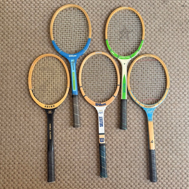 Blue Vintage Wooden Tennis Rackets - Set of 5 For Sale - Image 8 of 8