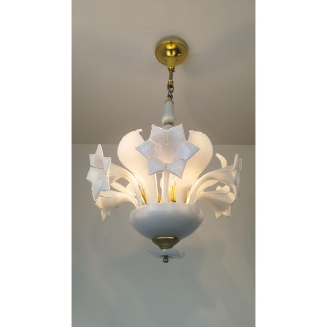 Vintage Italian White Murano Styled Calla Lilly Chandelier Brass Lighting 1970s For Sale - Image 6 of 17