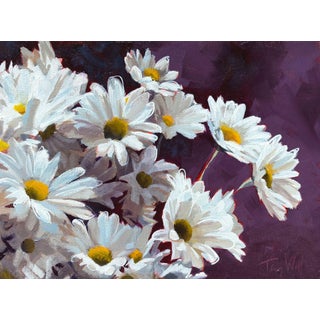 Joyful Daisies by Tracy Wall | Oil on canvas White daisies against a dark purple background For Sale