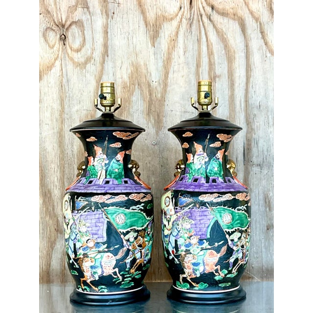 Vintage Chinoiserie Hand-Painted Ceramic Figural Table Lamps – A Pair For Sale - Image 10 of 12