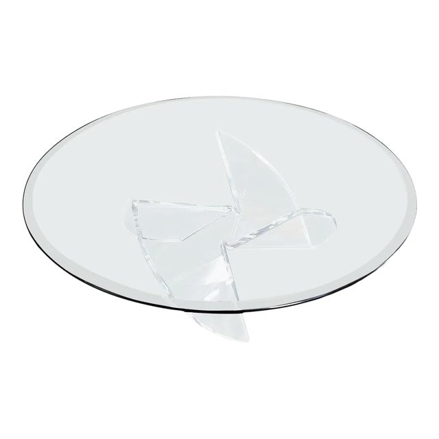 Heavy Thick Bent Lucite Propeller Shape Round Glass Top Coffee Table For Sale