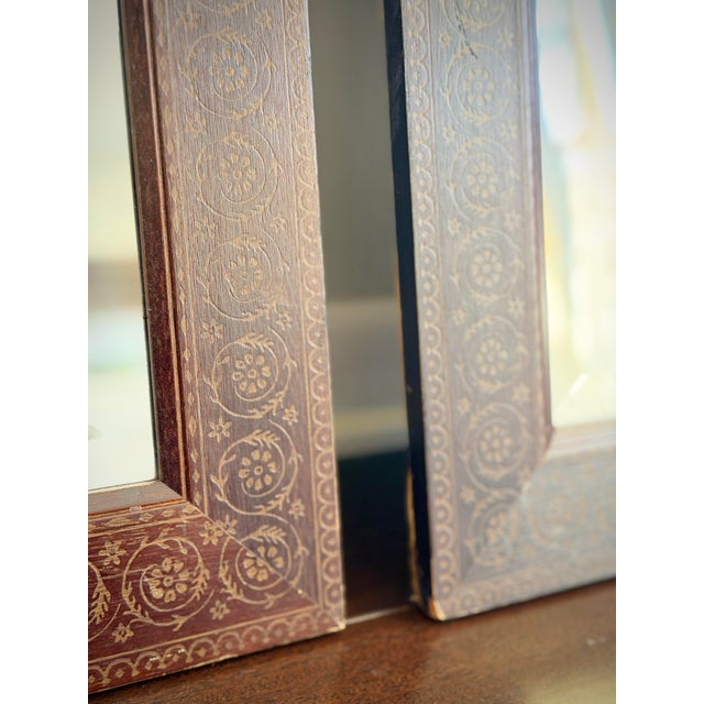 Late 20th Century Pair of Vintage Hand-Painted Parcel Gilt Wood Mirrors in the Style of Moorish, Anglo-Indian & Aesthetic Movement Design For Sale - Image 5 of 6