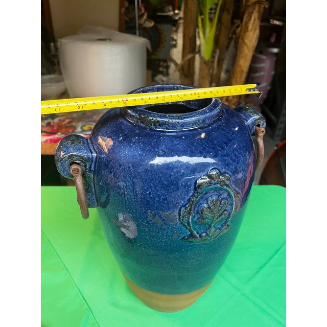 Blue 1970s Oversized Blue Ceramic Vase With Metal Ears For Sale - Image 8 of 11