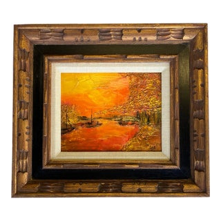 1960’s Original Sunset Seascape Sailboat Painting Chunky Wood Frame Signed For Sale