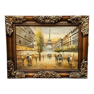Paris Street Scene Artwork on Cotton Fabric – Eiffel Tower Cityscape For Sale