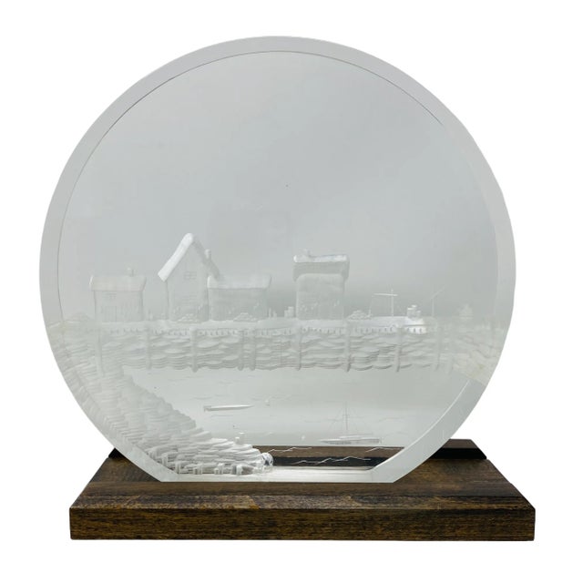 1978 Signed Ronald Fox Reverse Carved Lucite Fishing Village With Green Background and Wood Stand For Sale - Image 10 of 12