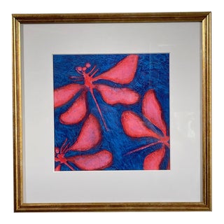 Original Acrylic and Pastel Raspberry Pink Dragonfly by José Luis Peláez, Framed For Sale