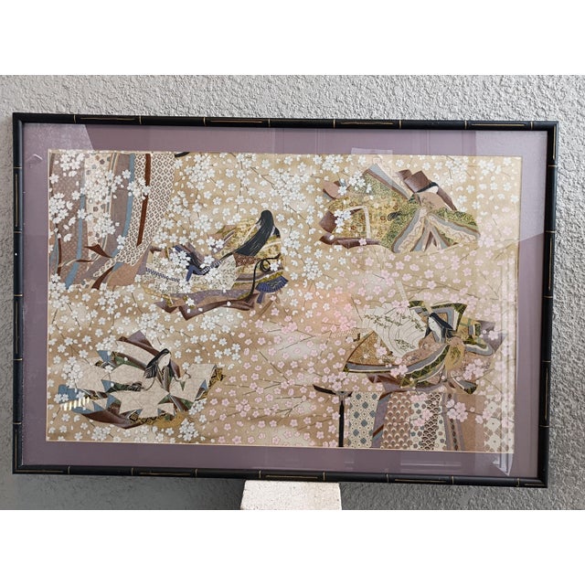 1960s Japanese Yuzen Paper Art Panel - Court Princesses & Cherry Blossoms For Sale In Tampa - Image 6 of 9