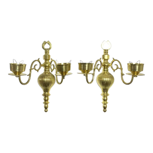 Vintage Traditional Hollywood Regency Brass Candle Wall Sconces Candelabras - A Pair