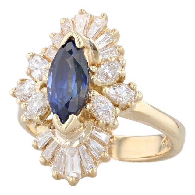 2.45ctw Marquise Blue Sapphire Diamond Halo Ring 18k Yellow Gold Size 5.75 For Sale