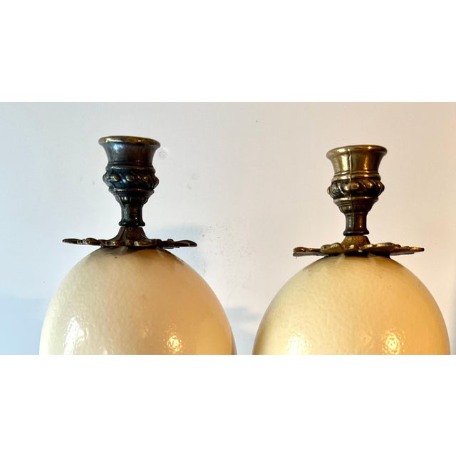 Brass Pair of Ostrich Eggs on Brass Dolphin Bases in the Style of Antony Redmile For Sale - Image 8 of 8