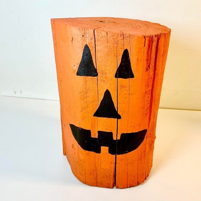 Vintage Americana Folk Art Boho Chic Wood Stump Jack-O-Lantern Low Stool - Halloween For Sale - Image 4 of 11