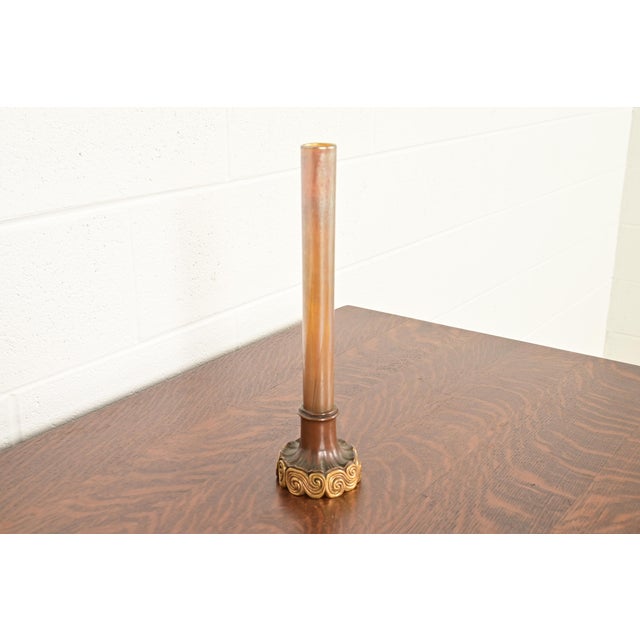 Tiffany Studios Tiffany Studios New York Favrile Iridescent Art Glass Tall Bud Vase on Bronze Doré Stand For Sale - Image 4 of 12