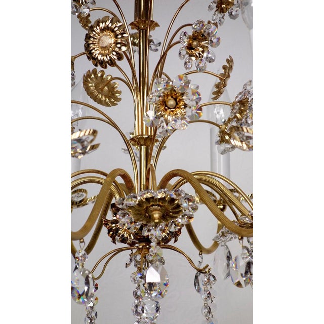 Brass & Lead Crystal Chandelier with Flowers from Palwa, 1970s For Sale - Image 3 of 15
