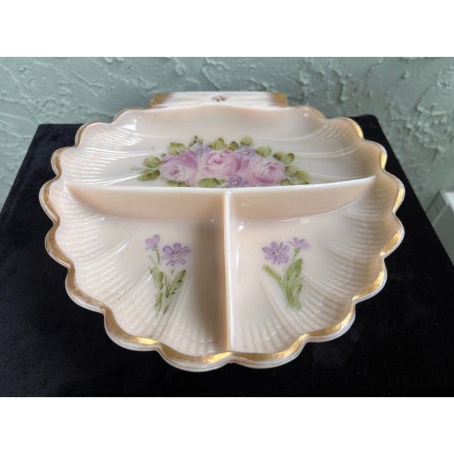 Cambridge Glass Company Hand-Painted Cambridge Glass Three-Section Floral Relish Dish With Gilt Accents For Sale - Image 4 of 12