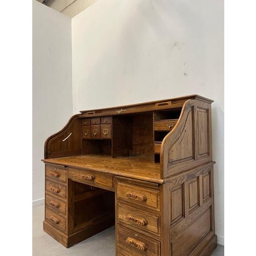 Antique Oak Roll Top Filing Desk with Tambour Shutter For Sale - Image 4 of 6
