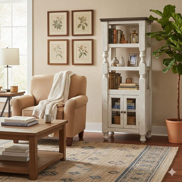 Stonegate Collection: Two-toned hand distressed white with warm stone stained tops. Perfect for display and storage....