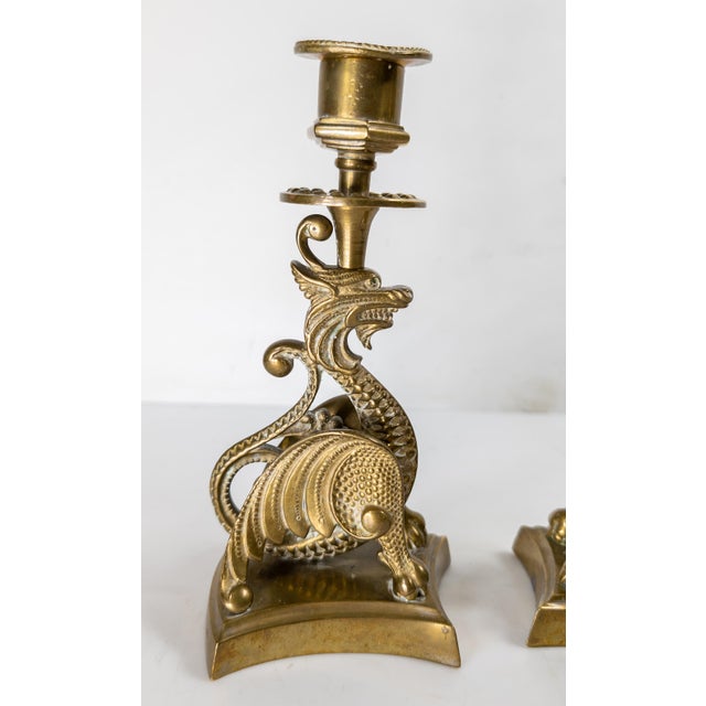 Victorian 19th Century Victorian Pair of Brass Dragon or Griffin Form Candlesticks, Probably French For Sale - Image 3 of 10