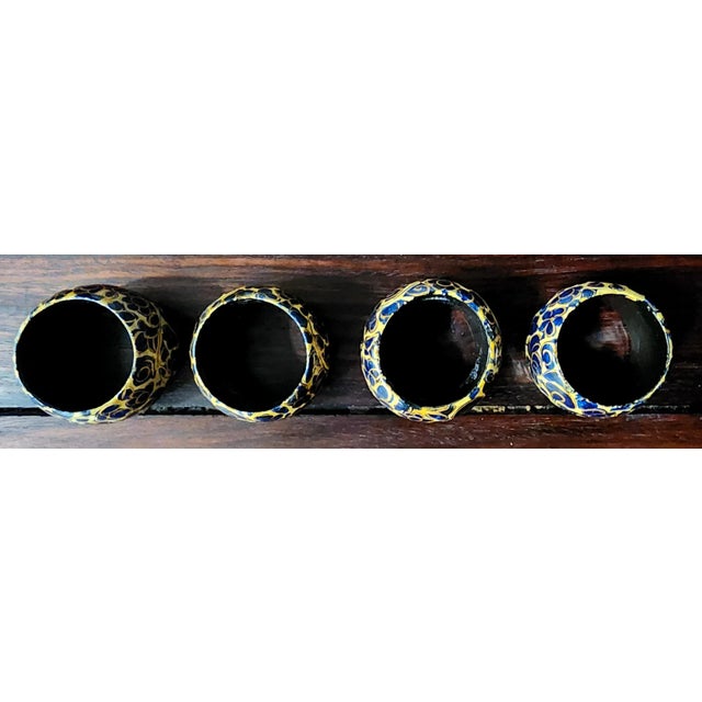 1980s Vintage Hand-Painted Blue Lacquer Napkin Rings - Set of 4 For Sale - Image 5 of 11