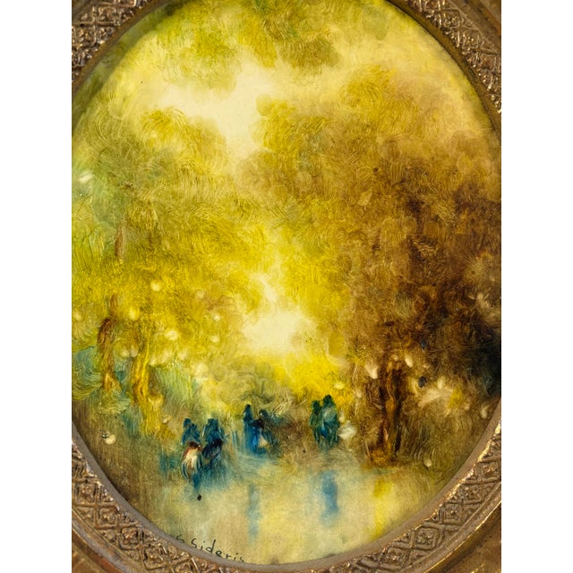 Impressionist Mid 20th Century Stephanos Sideris Signed Impressionist Oil – "Park Scene" With Golden Oval Frame For Sale - Image 3 of 12