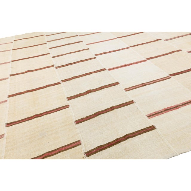 Vintage 13 X 27 Extra-Long Minimalist Striped Kilim Wool Rug in Neutral Cream For Sale - Image 9 of 12