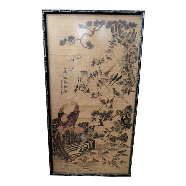 Antique Oriental Birds and Flowers Scroll Painting For Sale
