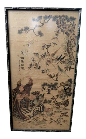 Antique Oriental Birds and Flowers Scroll Painting