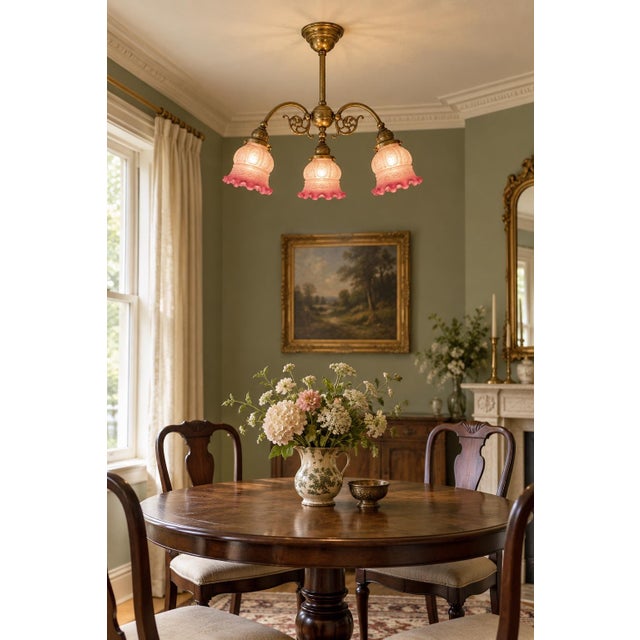 A romantic early 20th-century three-light semi-flush chandelier featuring an ornate brass frame and three matching pink...