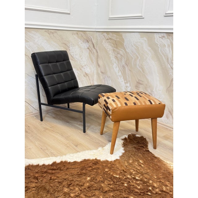 Brown Mid-Century Modern Ottoman in Beach and Leather, 1950s For Sale - Image 8 of 9