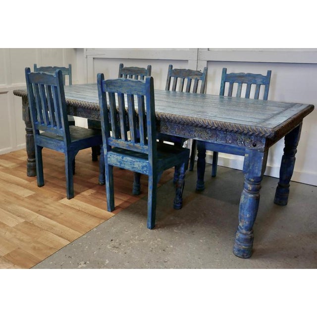 Large Carved Folk Art Painted Table and Chairs, 1920, Set of 7 For Sale - Image 3 of 16