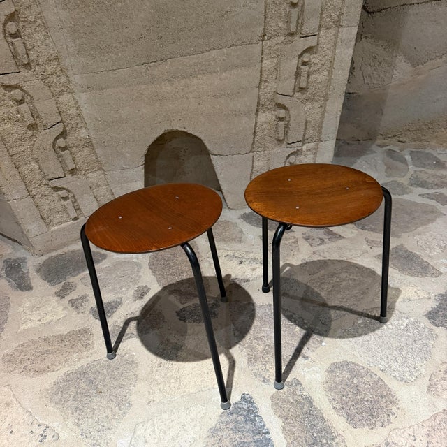 For your consideration, vintage Model 3170 "Dot" stools designed by Arne Jacobsen for Fritz Hansen, featuring warm round...