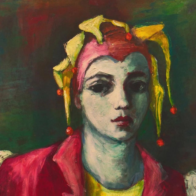 Modern 'Young Court Jester Holding a Puppet' by M. Dietrich, 1963, Commedia dellArte, Post Impressionist For Sale - Image 3 of 8